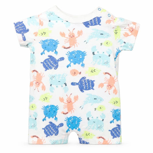 Lullaby Boys White Geometric 100% Cotton Romper One-Piece Size 0-3 Months Snap - Beach animals