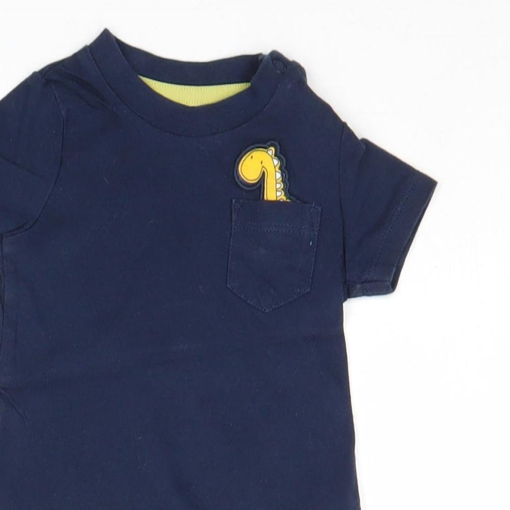 F&F Boys Blue 100% Cotton Basic T-Shirt Size 0-3 Months Round Neck Snap - Dinosaur