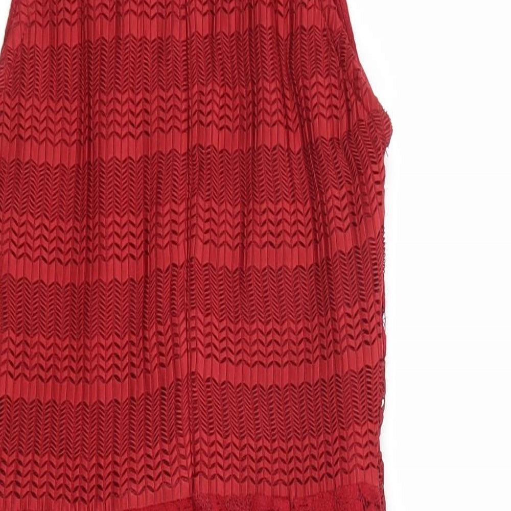 Topshop Womens Red Geometric Cotton Bodycon Size 4 Square Neck Zip