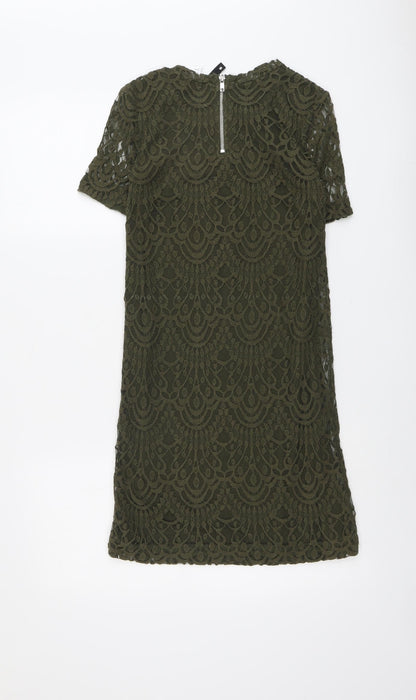 H&M Womens Green Geometric Cotton Shift Size 8 Round Neck Zip