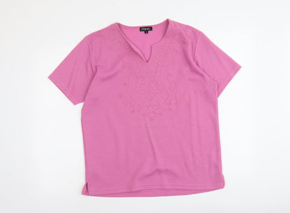 //Text... Womens Pink V-Neck Herringbone Polyester Pullover Jumper Size M
