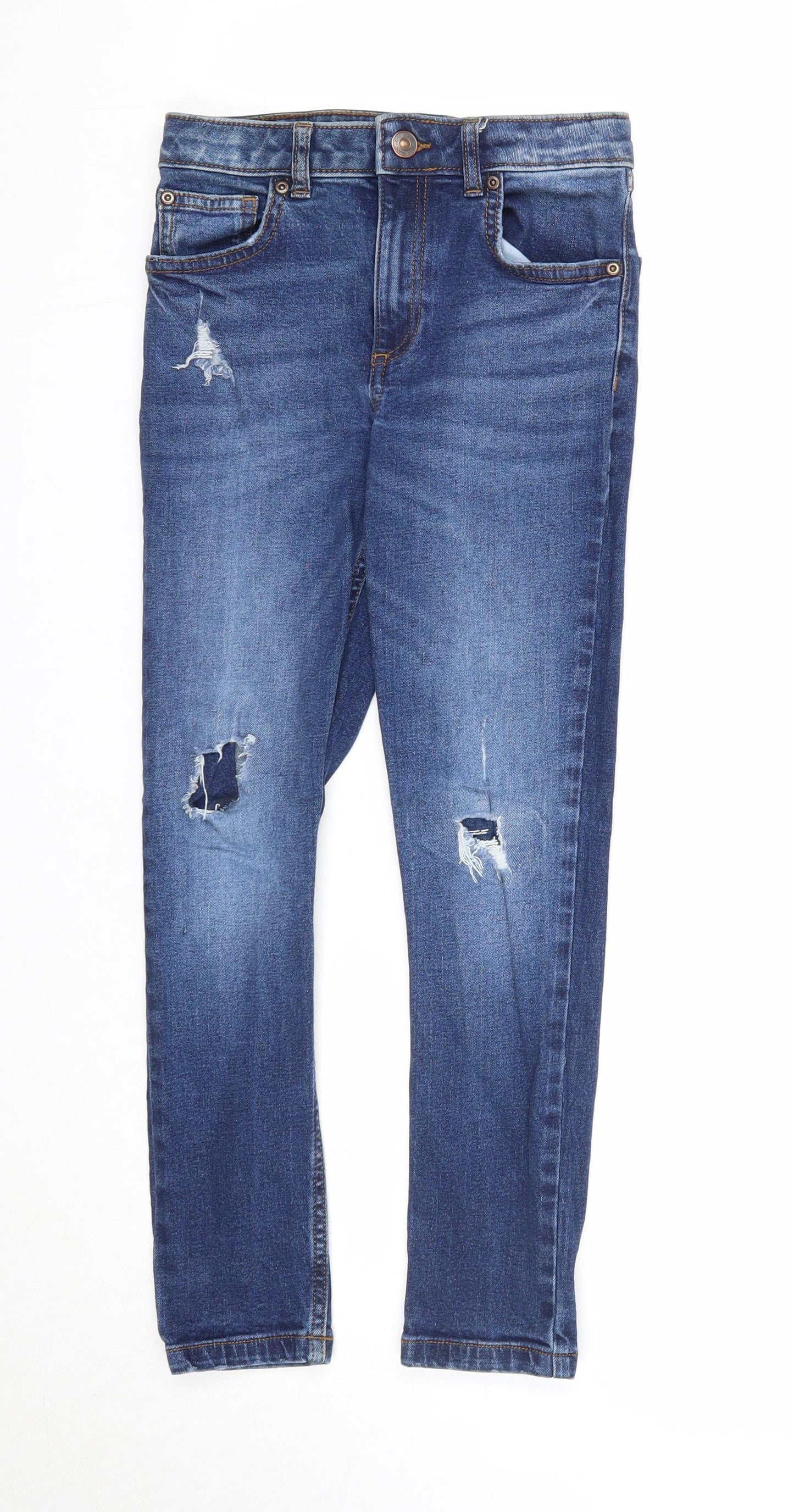 River Island Girls Blue Cotton Straight Jeans Size 9 Years Regular Zip - Distressed