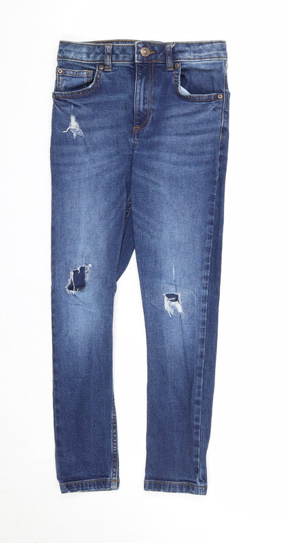 River Island Girls Blue Cotton Straight Jeans Size 9 Years Regular Zip - Distressed