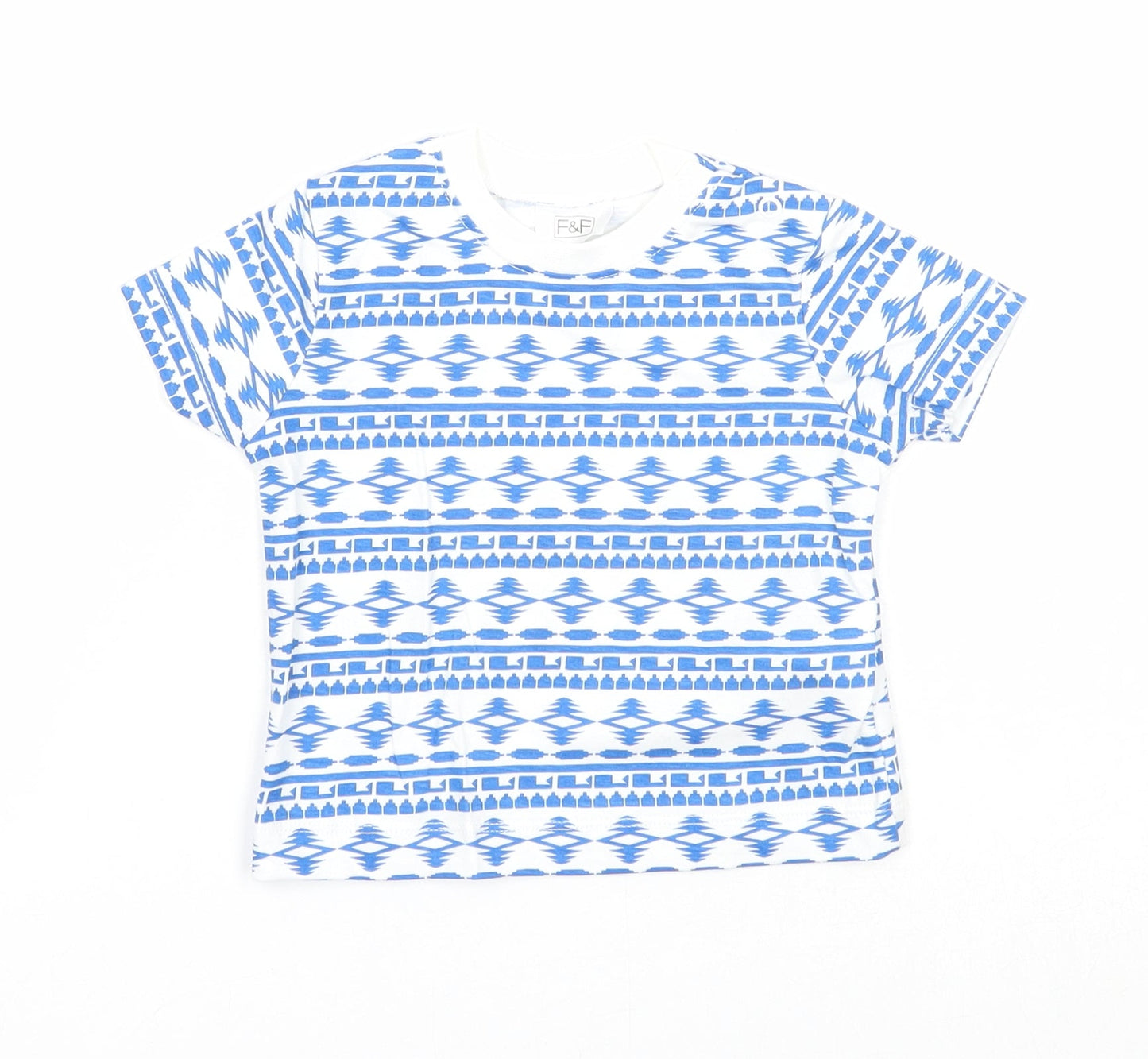 F&F Boys Blue Geometric Cotton Basic T-Shirt Size 3-6 Months Round Neck Button