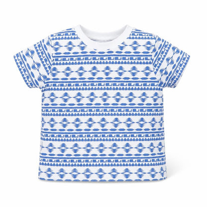 F&F Boys Blue Geometric Cotton Basic T-Shirt Size 3-6 Months Round Neck Button