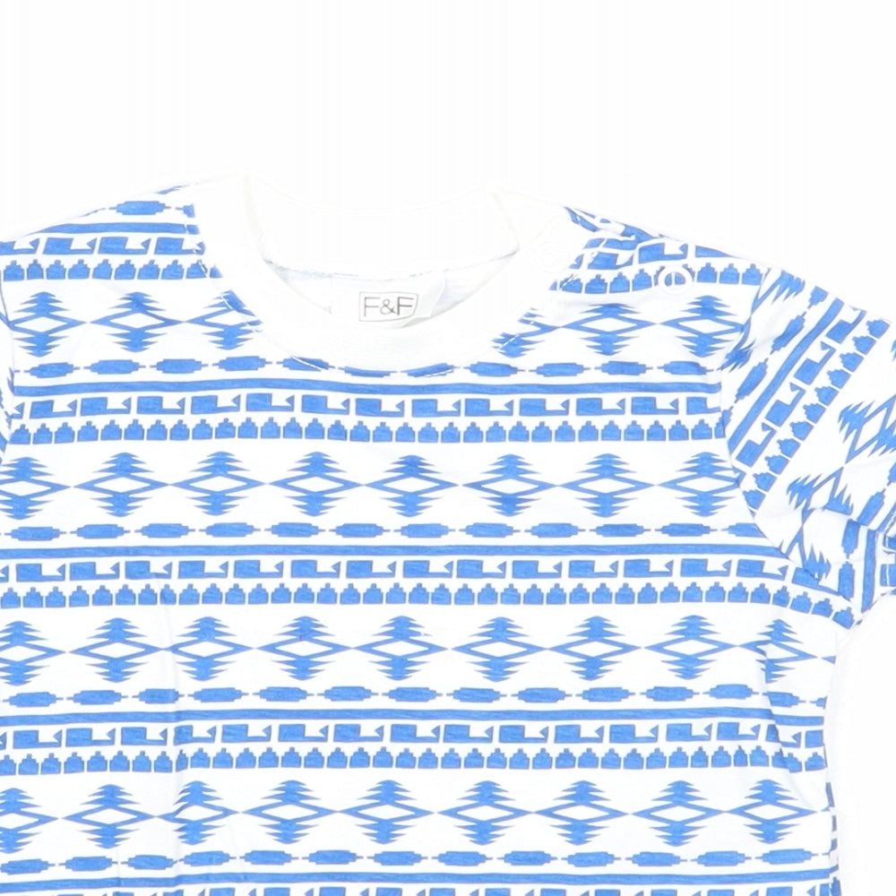 F&F Boys Blue Geometric Cotton Basic T-Shirt Size 3-6 Months Round Neck Button
