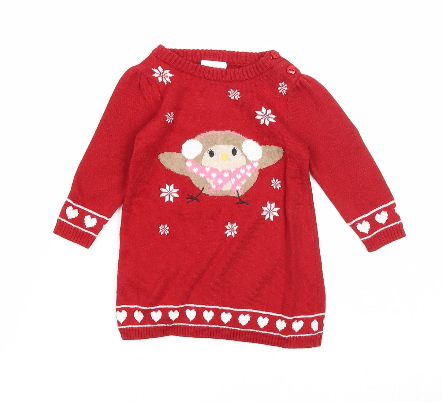 Baby Girls Red Cotton Jumper Dress Size 0-3 Months Round Neck Button - Christmas
