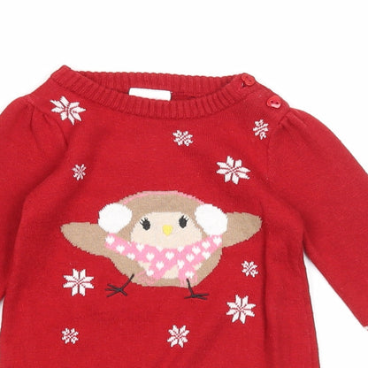 Baby Girls Red Cotton Jumper Dress Size 0-3 Months Round Neck Button - Christmas