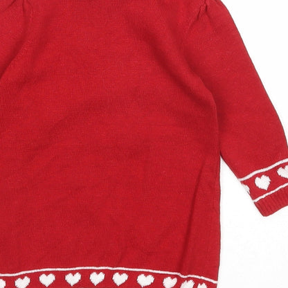 Baby Girls Red Cotton Jumper Dress Size 0-3 Months Round Neck Button - Christmas