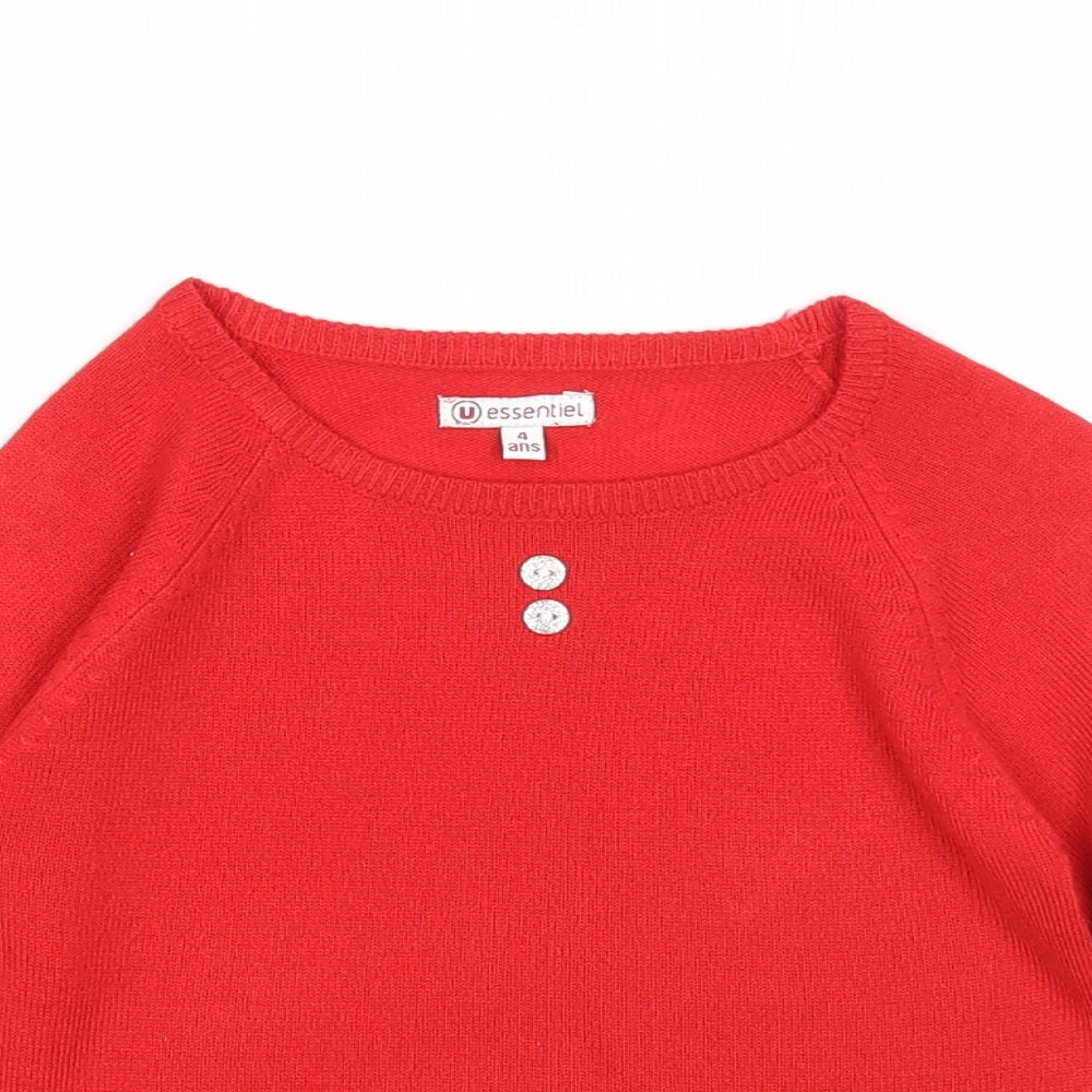 Essentiel Girls Red Round Neck Acrylic Pullover Jumper Size 4 Years Pullover