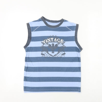 Matalan Boys Blue Striped 100% Cotton Basic Tank Size 8-9 Years Round Neck Pullover - Vintage