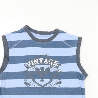 Matalan Boys Blue Striped 100% Cotton Basic Tank Size 8-9 Years Round Neck Pullover - Vintage