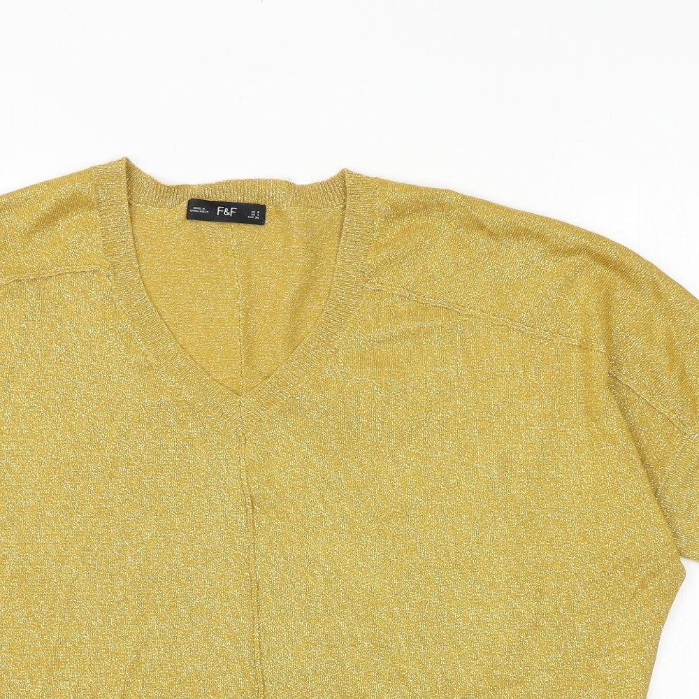 F&F Womens Gold V-Neck Viscose Pullover Jumper Size 8