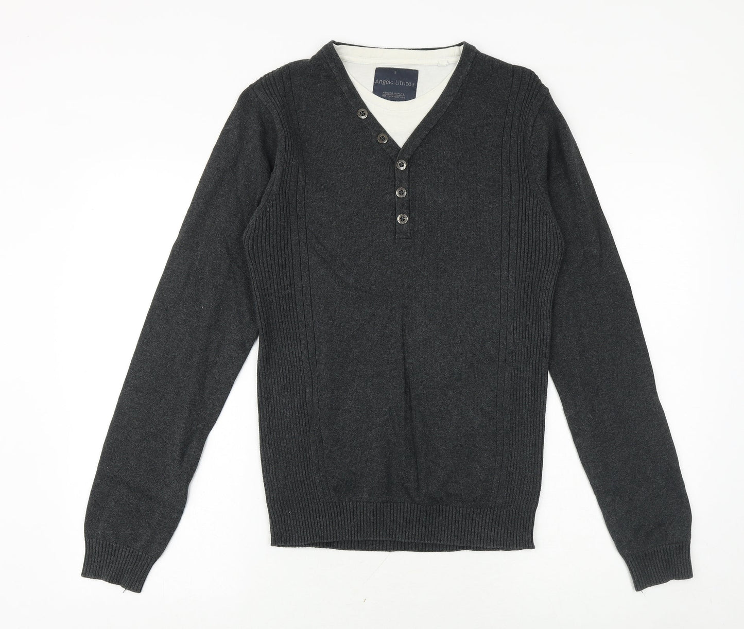 Angelo Litrico Mens Silver V-Neck Polyester Pullover Jumper Size S Long Sleeve