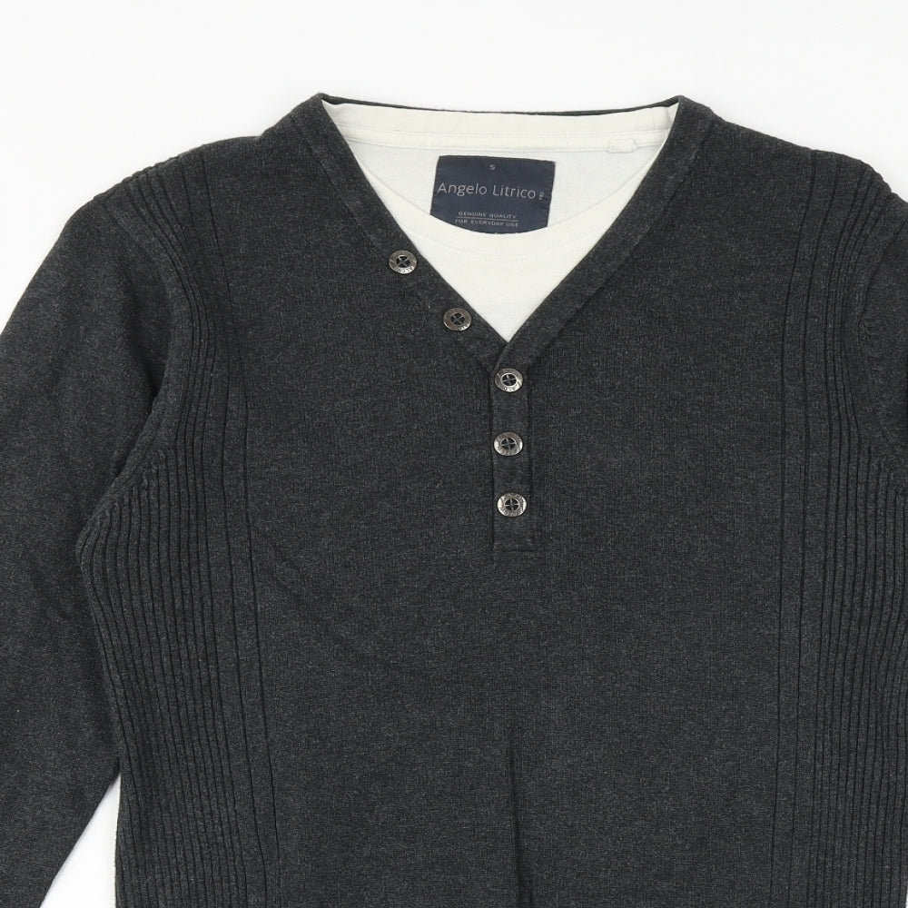 Angelo Litrico Mens Silver V-Neck Polyester Pullover Jumper Size S Long Sleeve