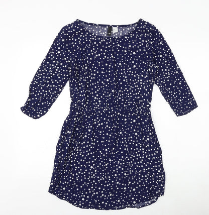 H&M Womens Blue Geometric Viscose A-Line Size 8 Round Neck Pullover - Star Pattern