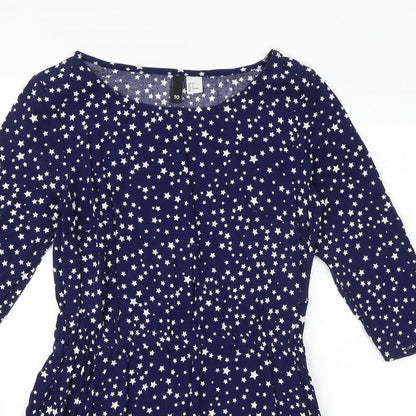 H&M Womens Blue Geometric Viscose A-Line Size 8 Round Neck Pullover - Star Pattern