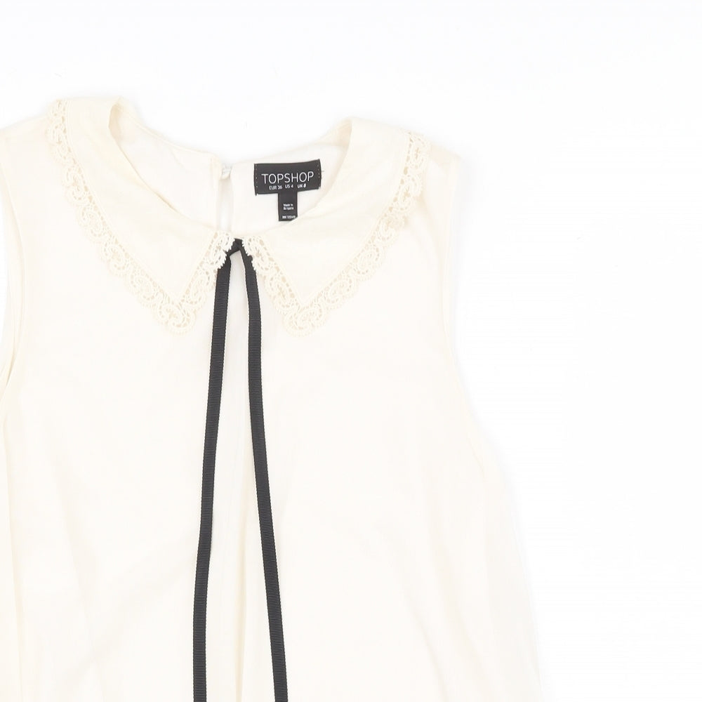 Topshop Womens Beige Polyester Basic Blouse Size 8 Collared - Tie Neck Detail