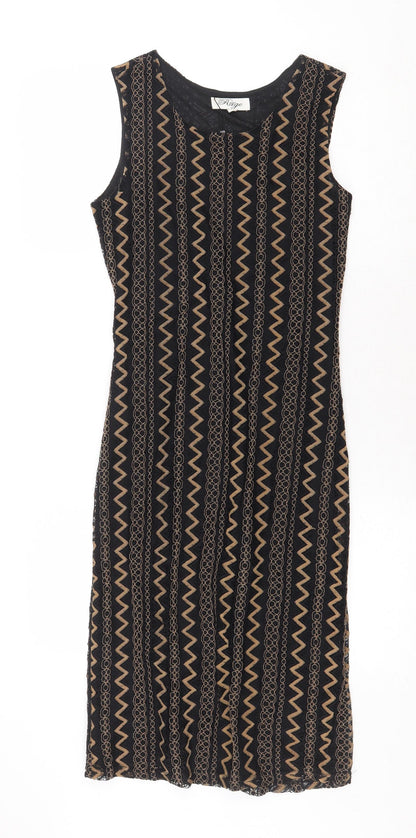 Madam Rage Womens Black Geometric Viscose A-Line Size 10 Round Neck Zip