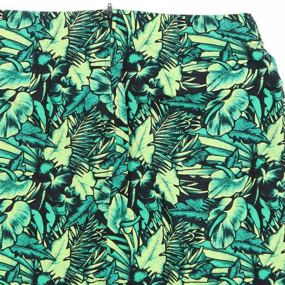 Divided by H&M Womens Green Floral Cotton A-Line Skirt Size 10 Zip
