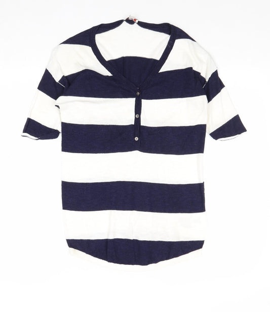 Gap Womens Blue V-Neck Striped Cotton Pullover Jumper Size XS