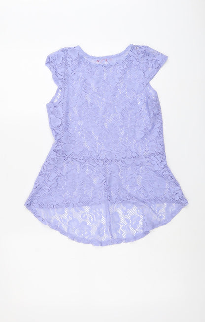 Young Dimension Girls Purple Floral Polyester Basic Blouse Size 12-13 Years Round Neck Pullover