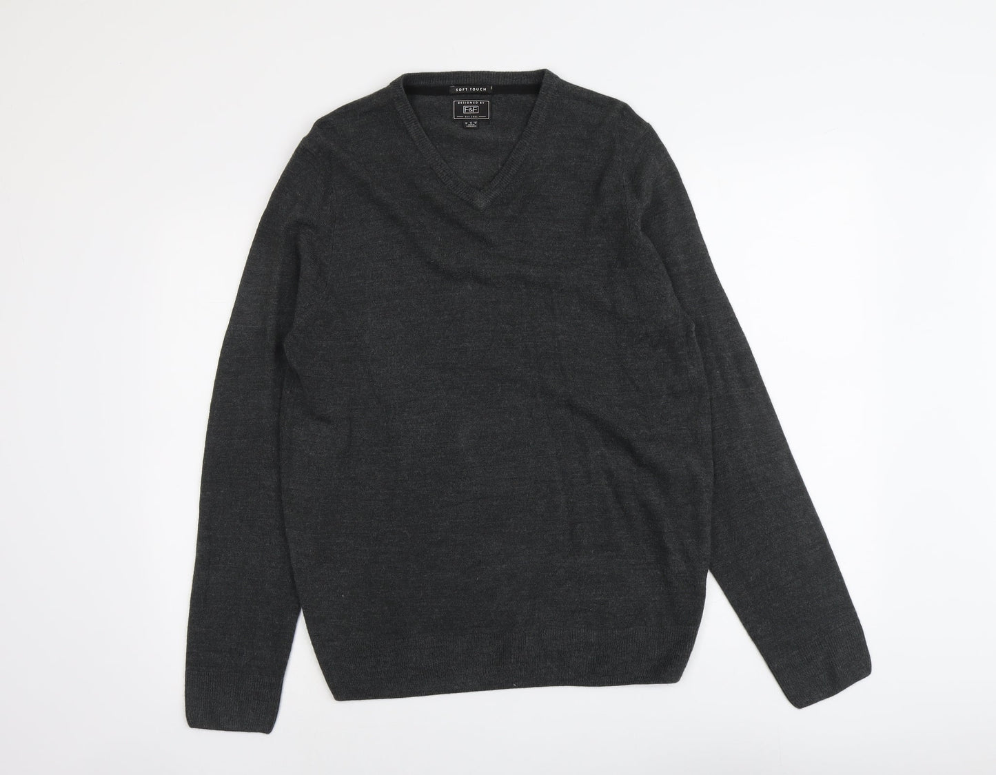 F&F Mens Grey V-Neck Acrylic Pullover Jumper Size M Long Sleeve