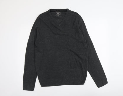 F&F Mens Grey V-Neck Acrylic Pullover Jumper Size M Long Sleeve