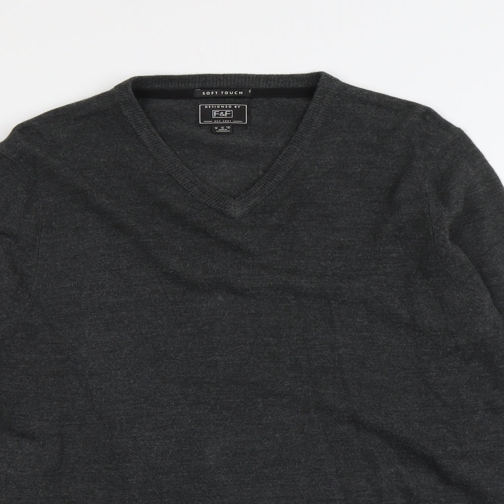 F&F Mens Grey V-Neck Acrylic Pullover Jumper Size M Long Sleeve