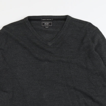 F&F Mens Grey V-Neck Acrylic Pullover Jumper Size M Long Sleeve