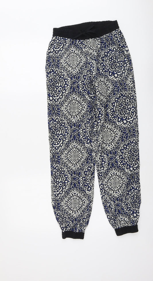 Topshop Womens Blue Geometric Polyester Jogger Trousers Size 8 L27 in Regular Drawstring
