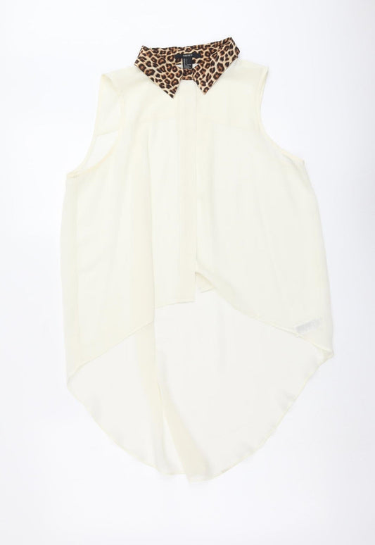 FOREVER 21 Womens Ivory Animal Print Polyester Basic Tank Size L Collared - Leopard Print