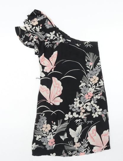 Oasis Womens Black Floral Polyester A-Line Size 8 One Shoulder Zip