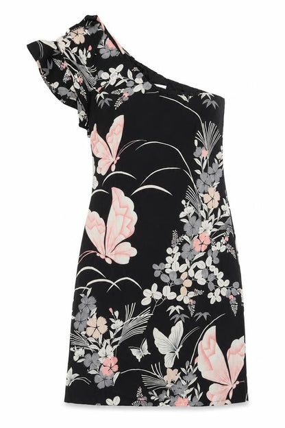 Oasis Womens Black Floral Polyester A-Line Size 8 One Shoulder Zip