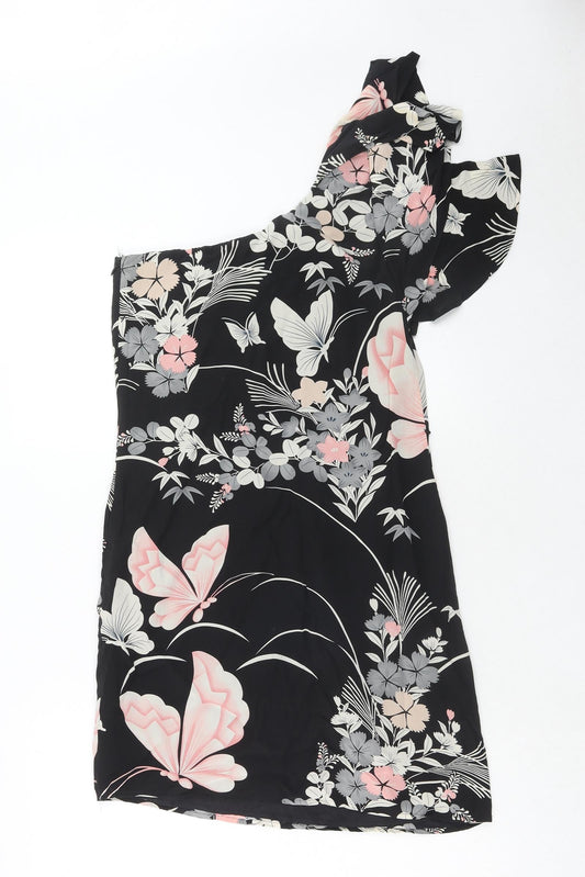 Oasis Womens Black Floral Polyester A-Line Size 8 One Shoulder Zip