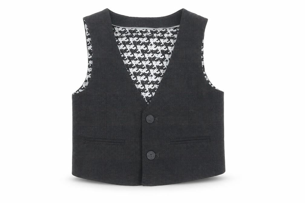 Front view of Autograph boys’ grey check jacket waistcoat, size 3-4, years button