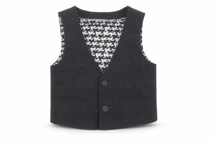 Front view of Autograph boys’ grey check jacket waistcoat, size 3-4, years button