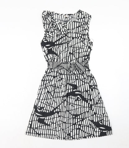159.MA Womens Black Geometric Cotton Fit & Flare Size M V-Neck Pullover