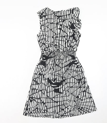 159.MA Womens Black Geometric Cotton Fit & Flare Size M V-Neck Pullover
