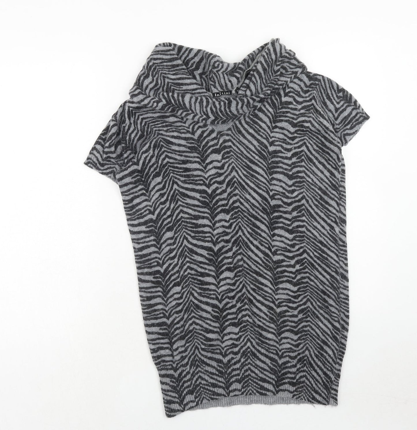 Initiail Womens Grey Roll Neck Animal Print Nylon Pullover Jumper Size M