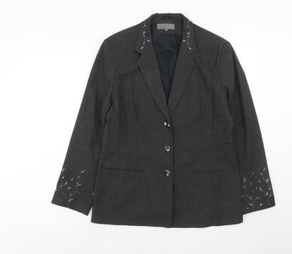 Outline Womens Grey Polyester Jacket Blazer Size 16 - Embroidered Floral Detail