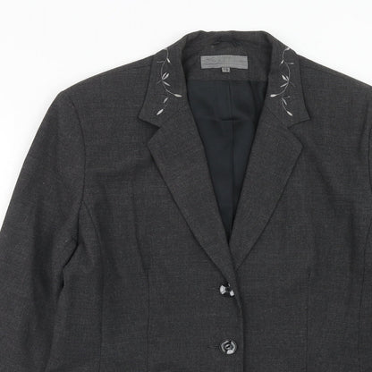 Outline Womens Grey Polyester Jacket Blazer Size 16 - Embroidered Floral Detail