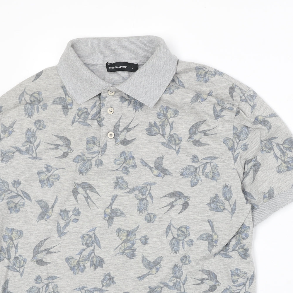 Cedar Wood State Mens Grey Floral Cotton Polo Size L Collared Button - Bird Pattern