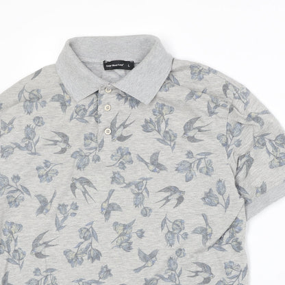 Cedar Wood State Mens Grey Floral Cotton Polo Size L Collared Button - Bird Pattern