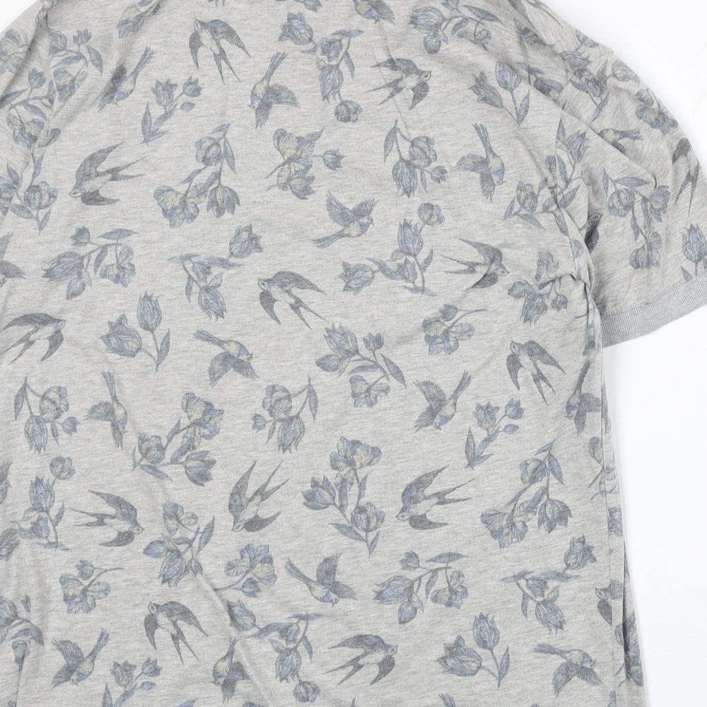 Cedar Wood State Mens Grey Floral Cotton Polo Size L Collared Button - Bird Pattern