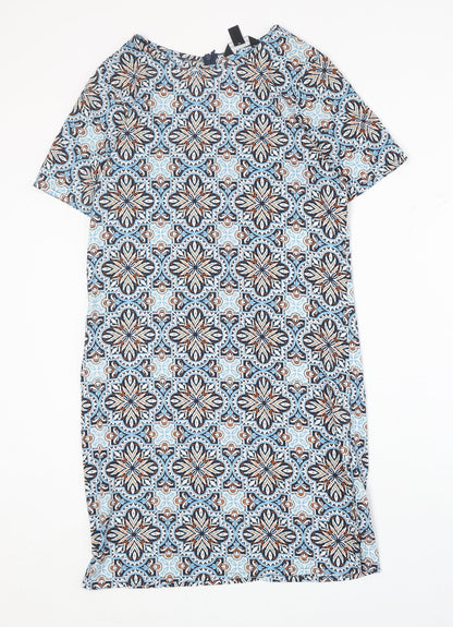 New Look Womens Blue Geometric Polyester A-Line Size 6 Round Neck Zip