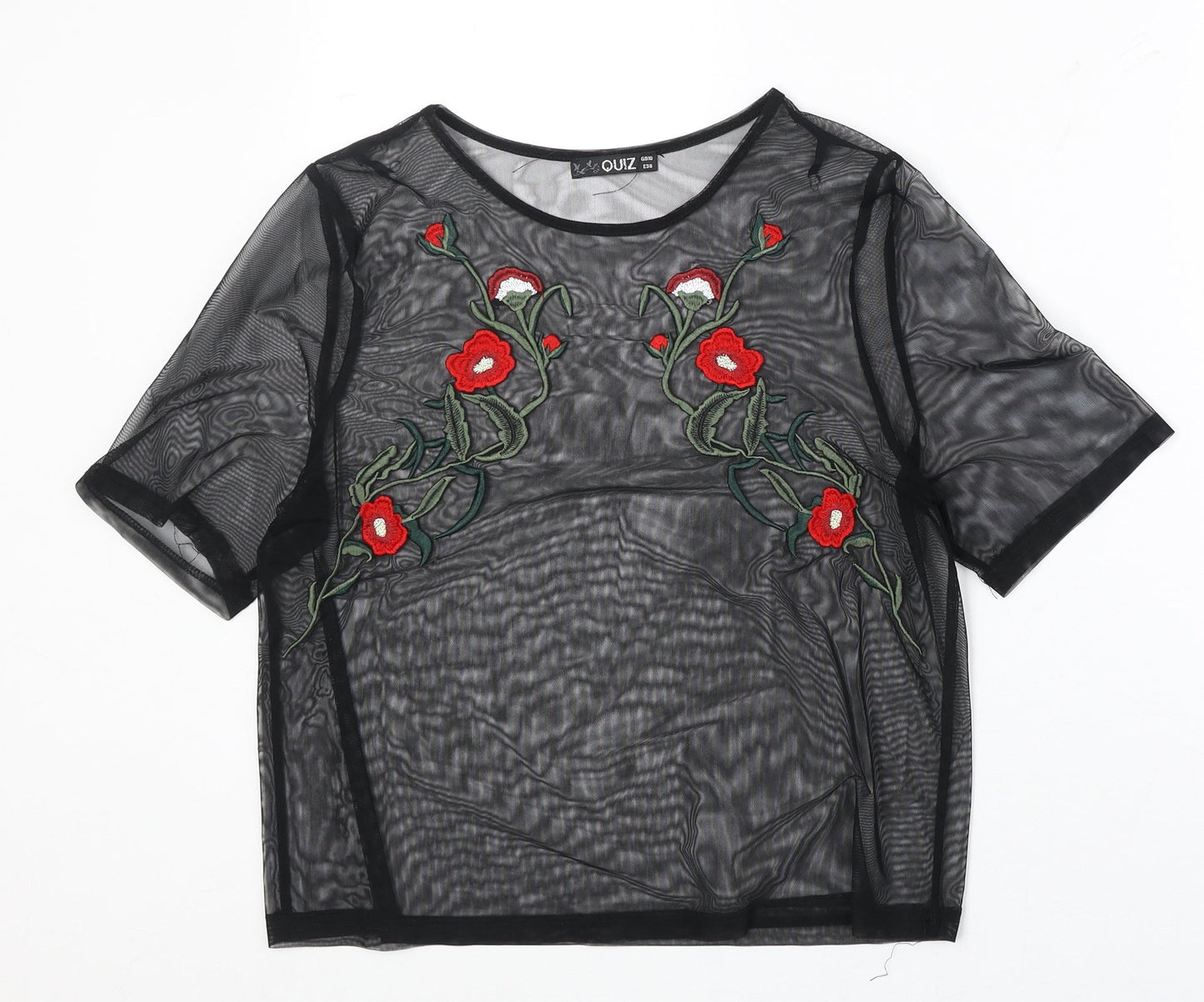 Quiz Womens Black Floral Polyester Basic Blouse Size 10 Round Neck