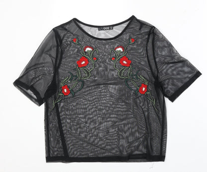 Quiz Womens Black Floral Polyester Basic Blouse Size 10 Round Neck