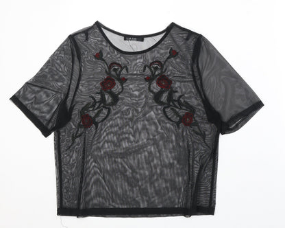 Quiz Womens Black Floral Polyester Basic Blouse Size 10 Round Neck