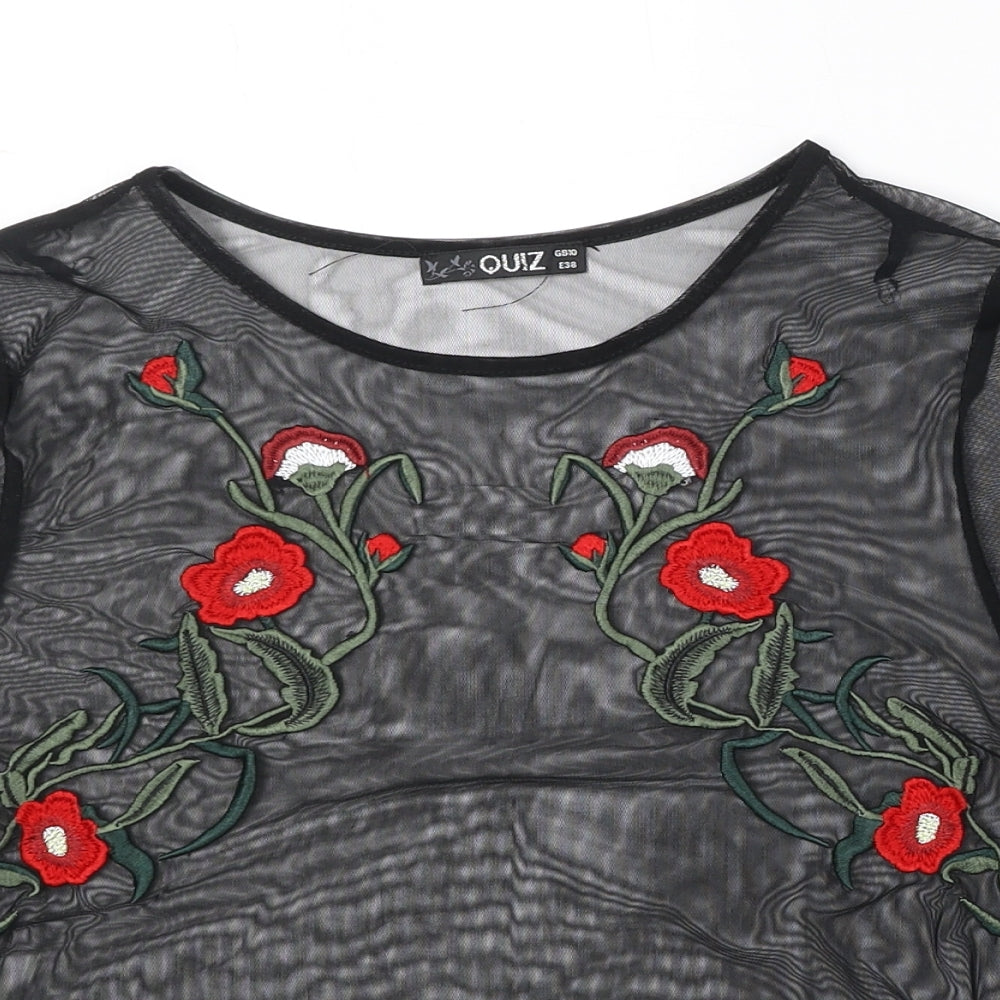 Quiz Womens Black Floral Polyester Basic Blouse Size 10 Round Neck